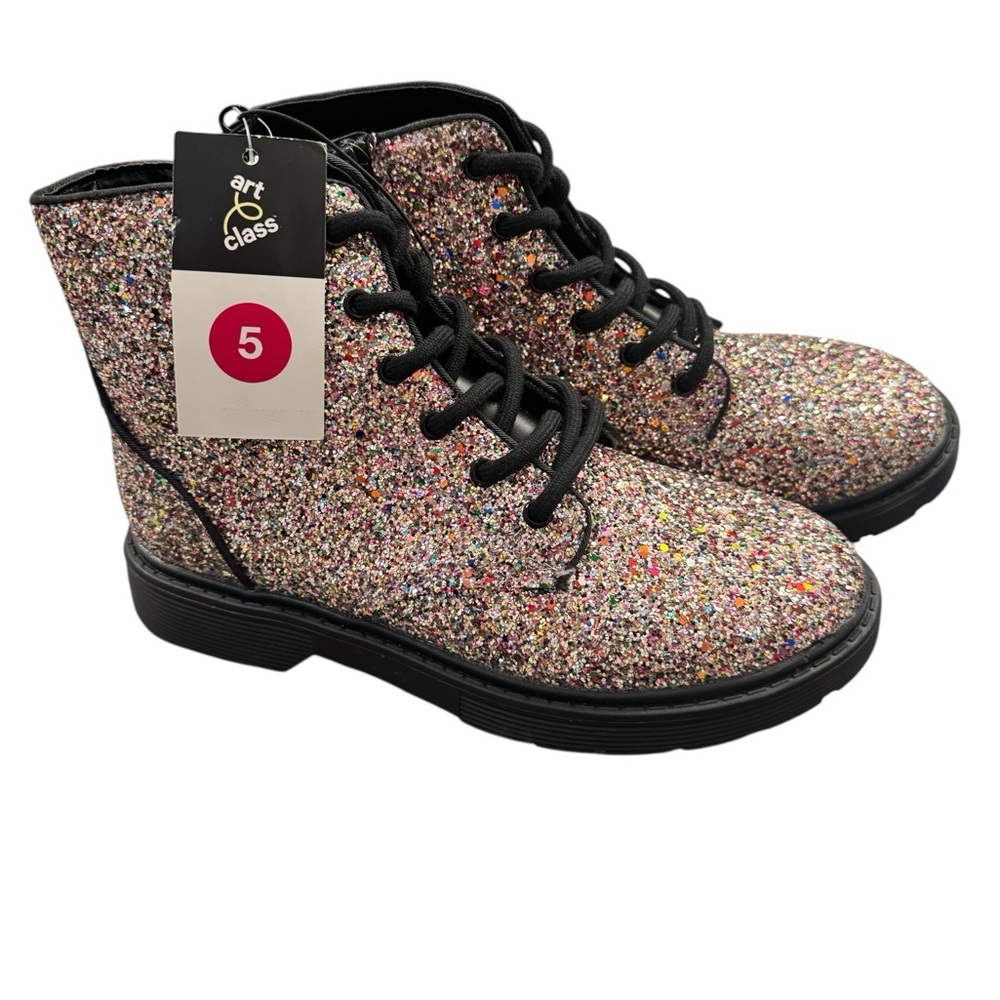 Art Class Glitter Combat Boots Girls Size 5 Sparkle Lace Up Ankle Boots NWT